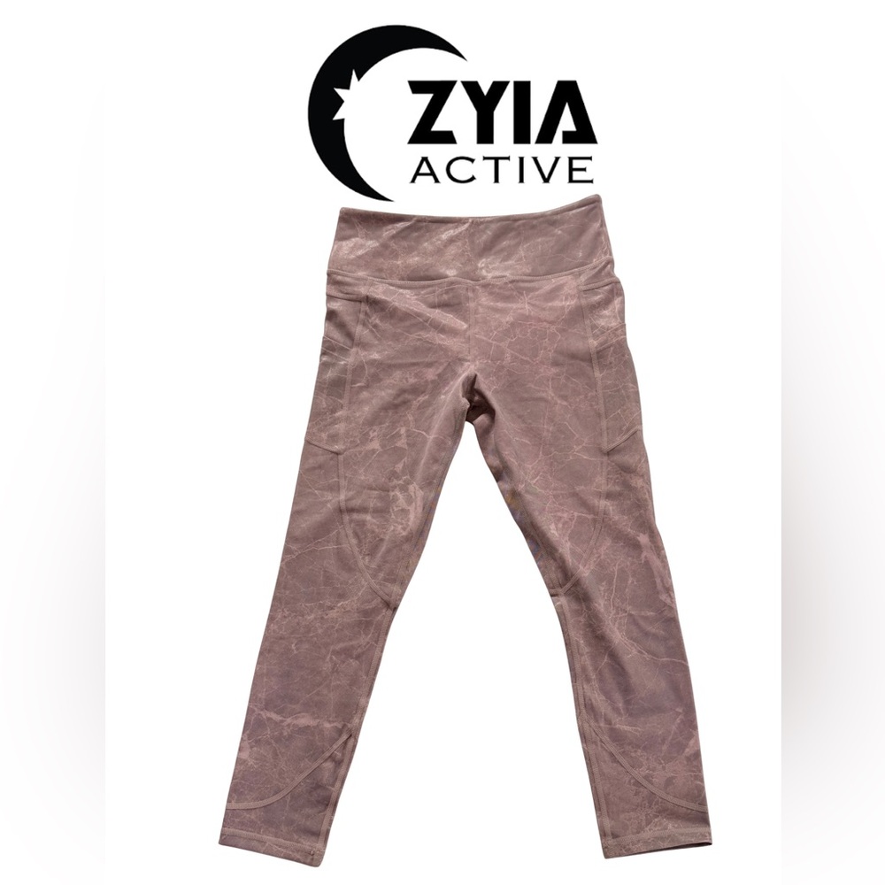 NWOT Zyia Active Pink Rose Marbled Print 7/8 Legging Pockets Women's Size 8-10